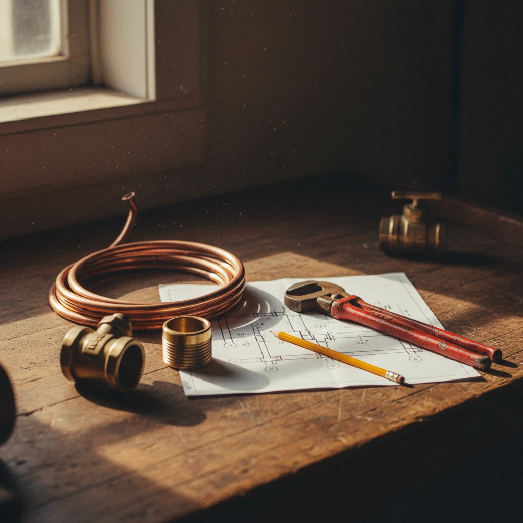Copper pipe, brass fittings, and tools on a Charles F. Murphy Plumbing workbench