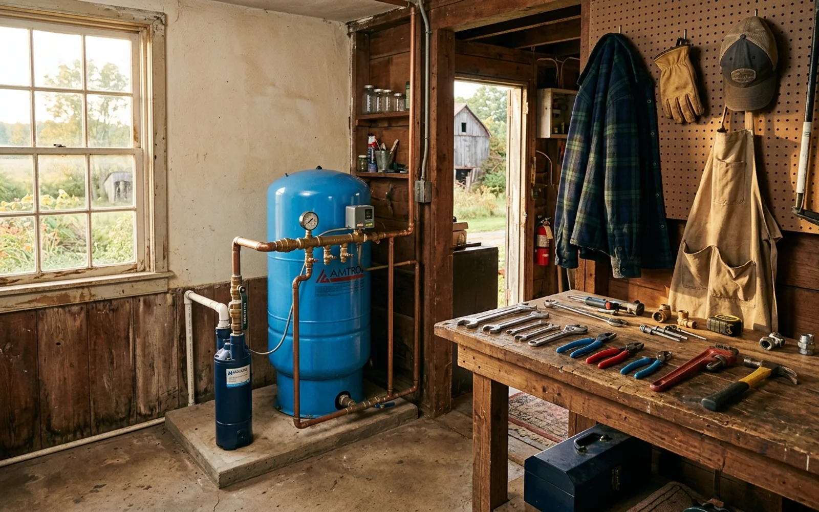 Submersible well pump and pressure tank in a Frederick County, Maryland utility room