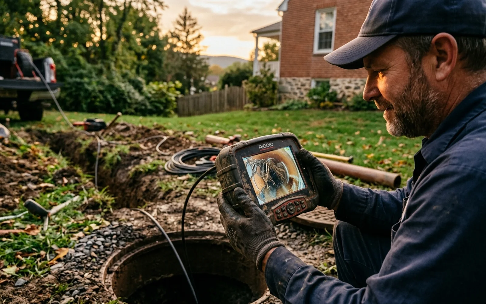 Sewer camera inspection showing a tree-root intrusion in a Frederick County, Maryland sewer line
