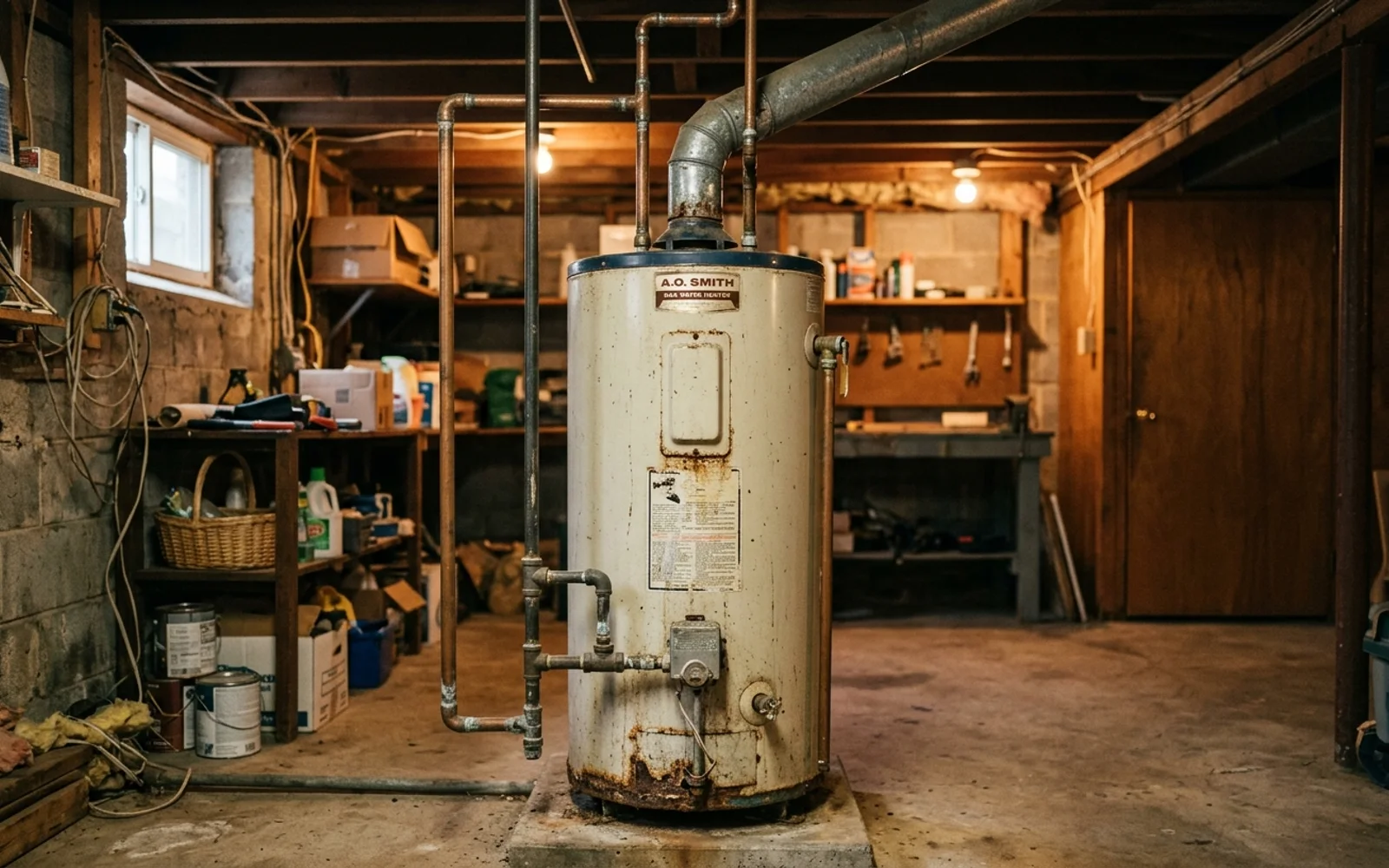 An aging tank water heater in a Frederick, Maryland basement, ready for replacement