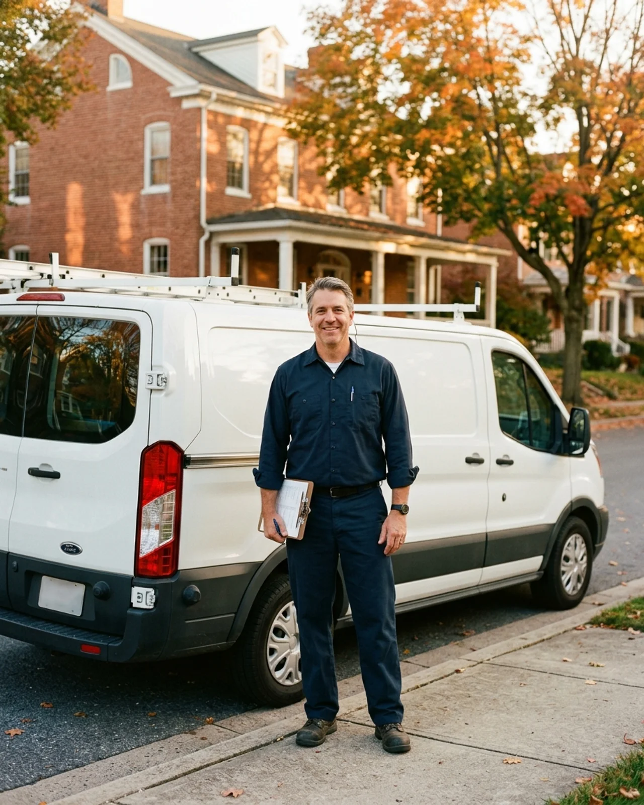 Charles F. Murphy plumber and service van in a Frederick, Maryland neighborhood