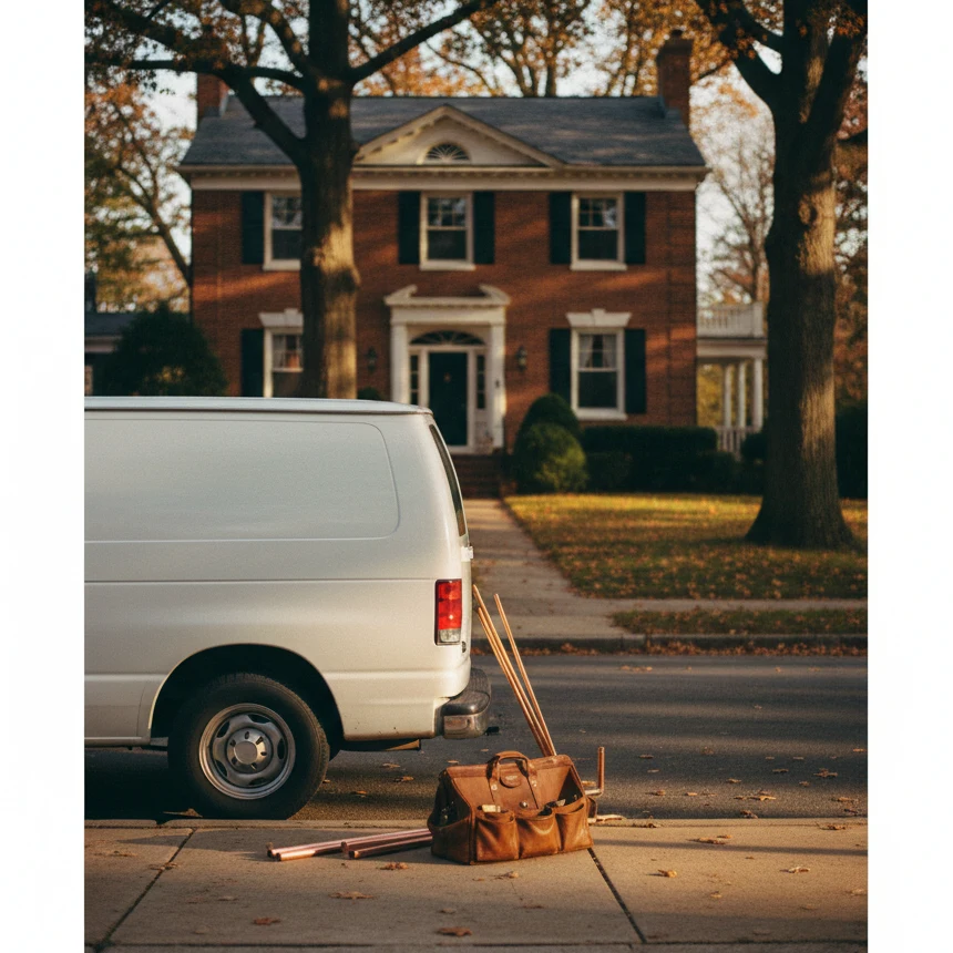 Plumbing service van parked outside a brick home on a tree-lined Frederick County, Maryland street, with a leather tool bag and copper pipe at the rear