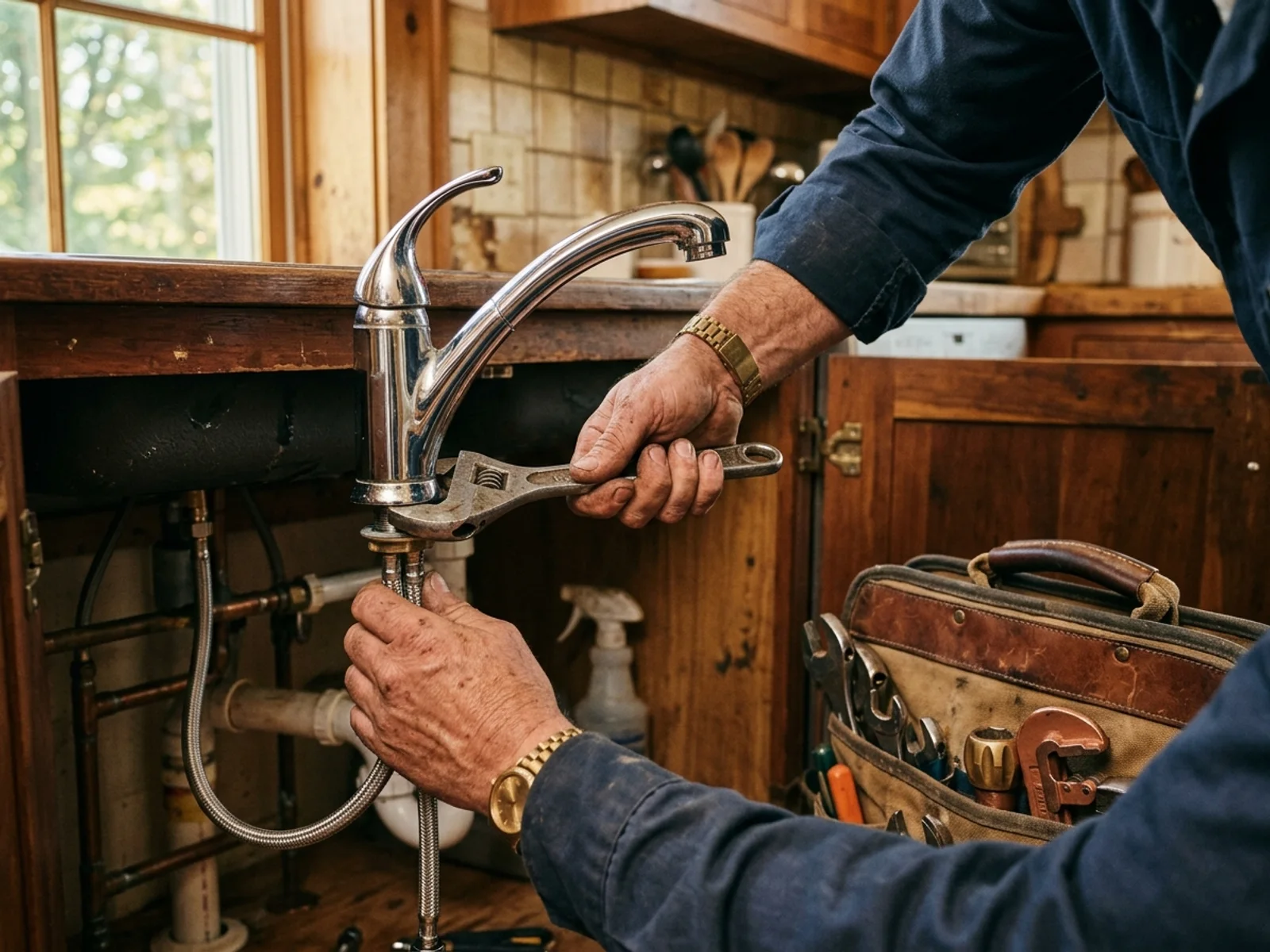 Charles F. Murphy plumber repairing a kitchen faucet in a Frederick, Maryland home