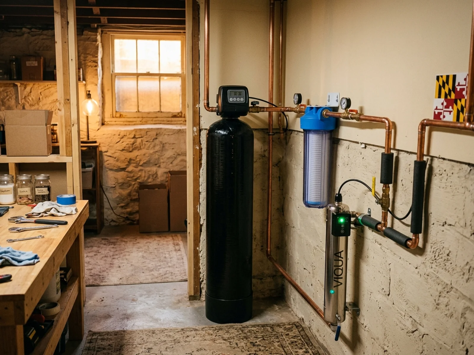 Water softener and treatment system installed by Charles F. Murphy Plumbing in a Frederick County basement
